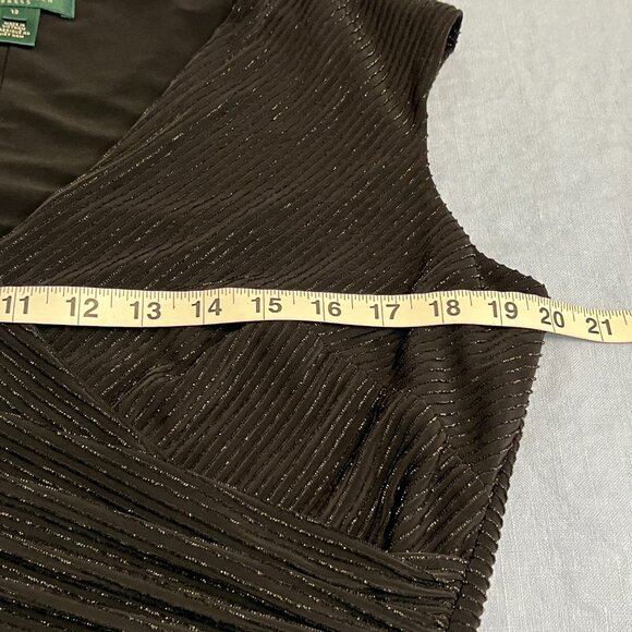 Lauren Ralph Lauren Black Ruched Metallic Sheath Dress Size 12 V-Neck Cocktail - Picture 7 of 11